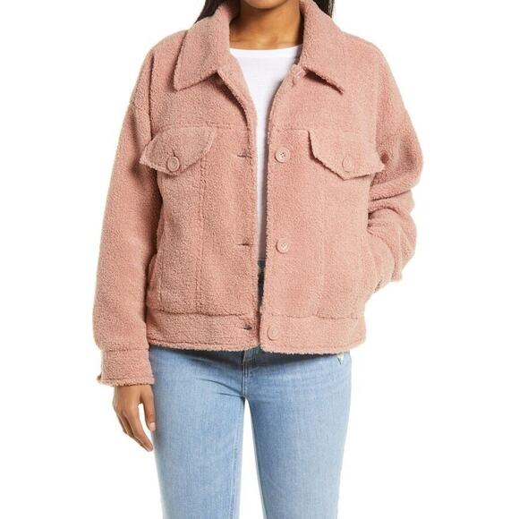 NOIZE Women Pink Rose Teddy Fleece Miley Casual Oversize Trucker Jacket Size M - Picture 1 of 5
